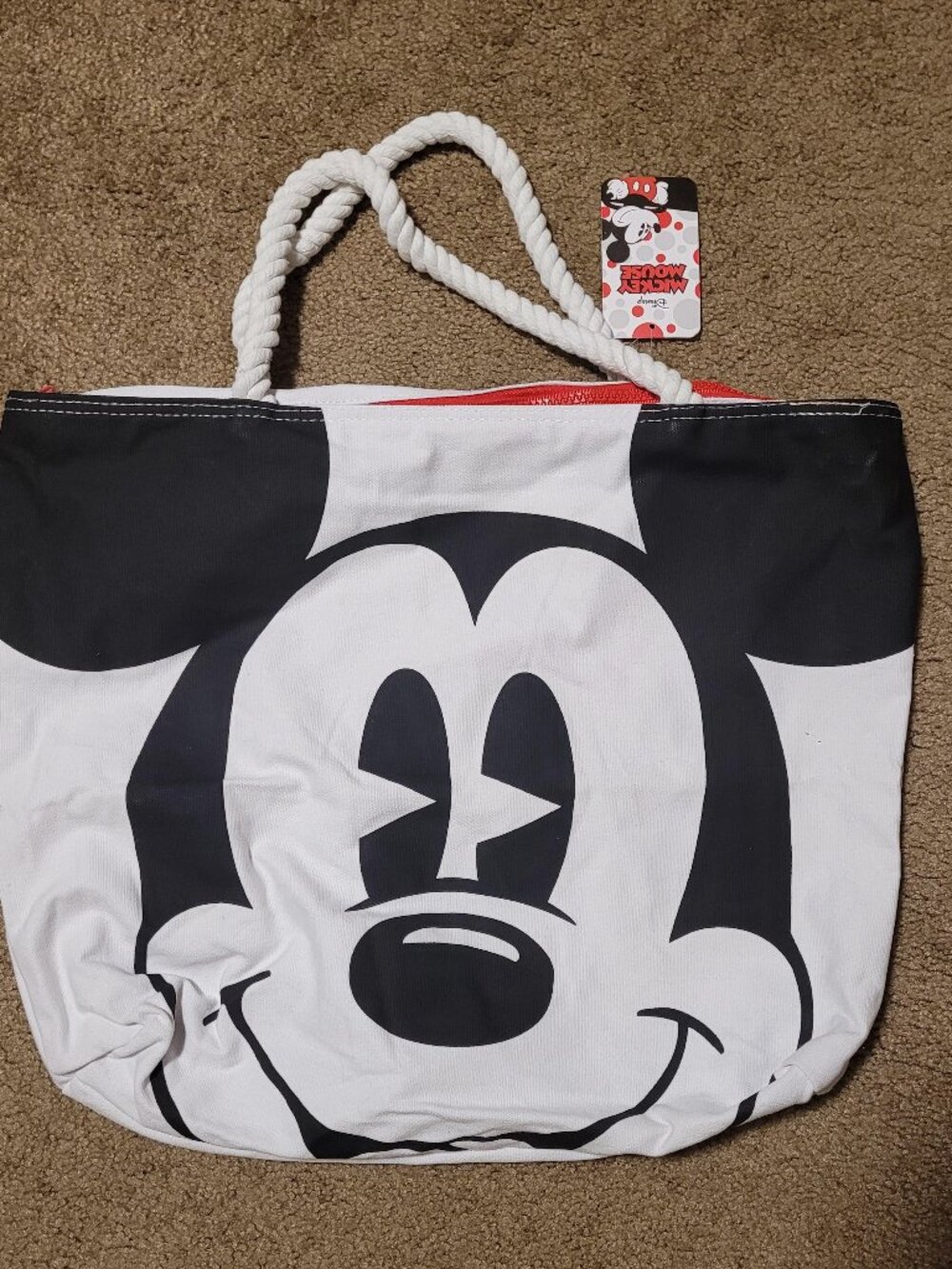 NWT! Black and white Mickey Mouse canvas tote bag with thick rope handles